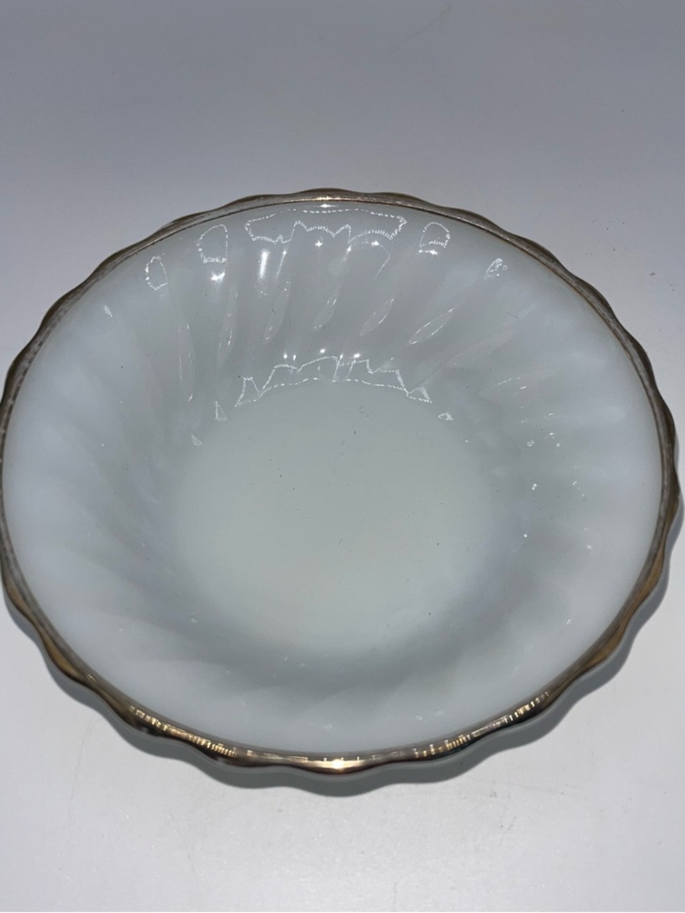 White Milk Glass Serving Bowl with Gold Rim Anchor Hocking